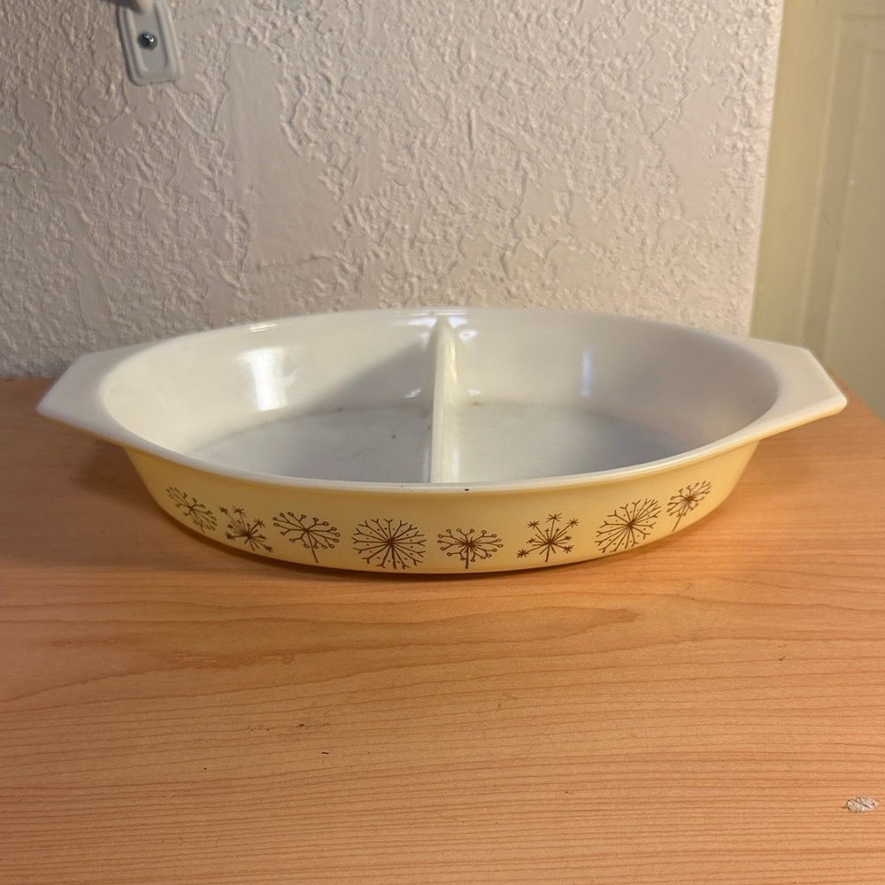 Pyrex Vintage 1959 Dandelion Duet Divided Casserole Dish 1.5 Qt – Yellow-No Lid